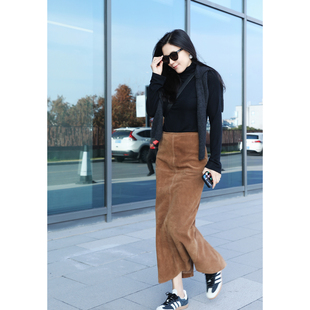 TANG TOWN自制时髦精B入软糯透气柔韧羊反绒麂皮極简复古中长半裙