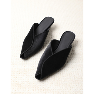 TANGTOWN 早春新款 丝绒鱼嘴露趾小猫跟半拖高跟鞋/户外拖鞋外穿