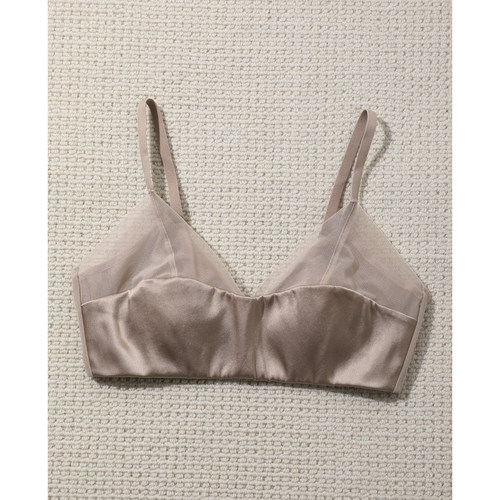 TANG TOWN 真丝缎面三角杯法式薄款无钢圈桑蚕丝拼网纱文胸内衣女