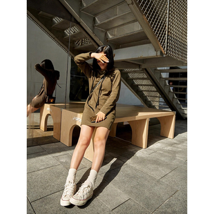 汤汤2004 宽松慵懒不过膝抽绳纯棉连帽中长卫衣裙时髦