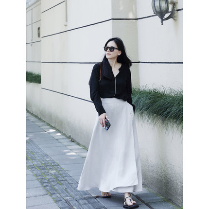 TANG TOWN 自制 亚麻天丝层叠交错一片式围裹大摆半裙伞裙