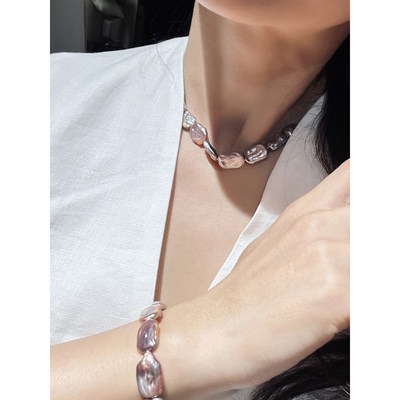 TANGTOWN 天然紫光方块巴洛克珍珠项链 925银 长度41-42cm