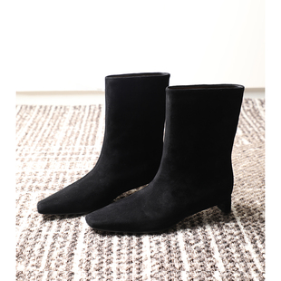 进口超细羊绒皮面 25秋冬新款 方头麂皮绒一脚蹬中筒靴 TOWN TANG