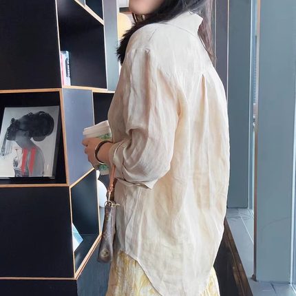 TANG TOWN 自制 夏日清凉 轻薄極简老钱风纸片人亚麻长袖衬衫女夏