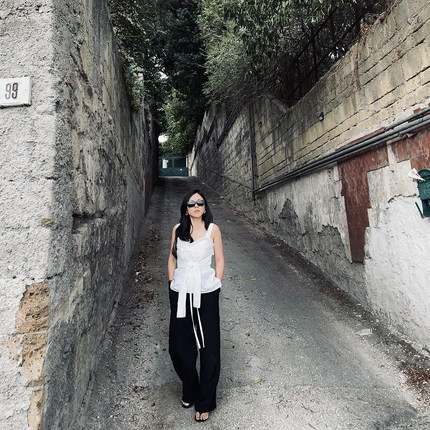 TANG TOWN 自制 19姆米真丝花苞腰抽绳直筒休闲裤/直筒裤/裤子 女