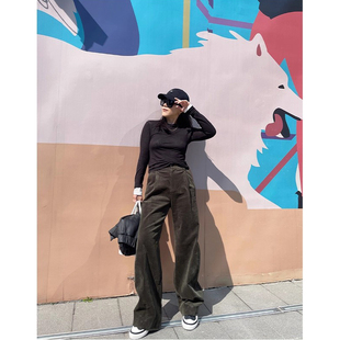 时髦毫不费力汤汤2004阔腿裤 女军绿色遮肉显瘦灯芯绒