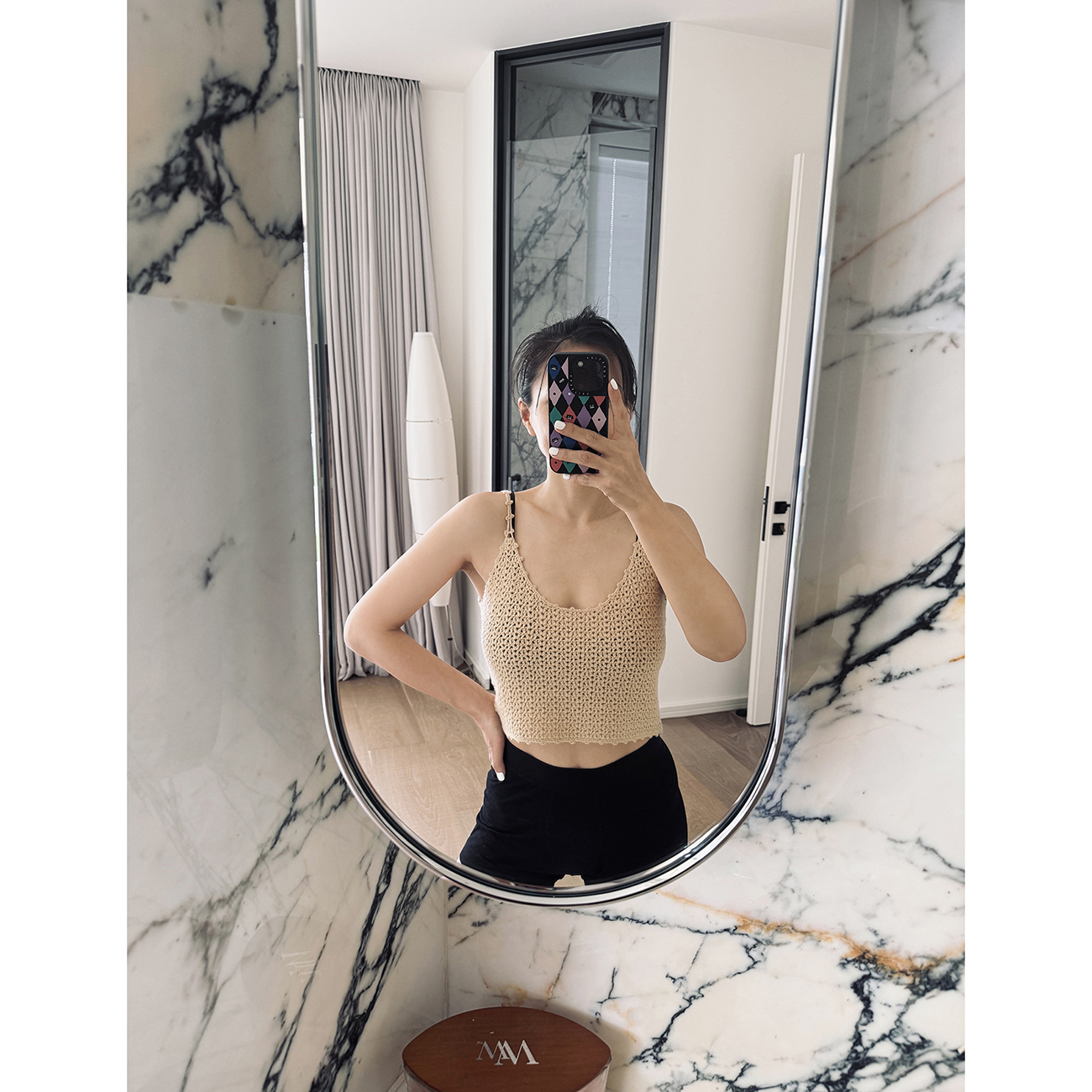 TANG TOWN 重磅纯手工钩针羊毛 细吊带短背心针织打底衫/可外穿女