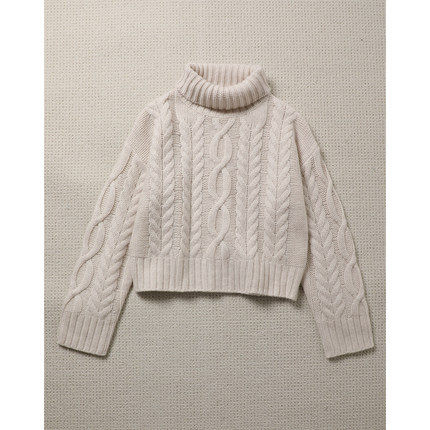 TANG TOWN 30山羊绒70羊毛时髦复古立体绞花短箱型高领毛衣针织衫