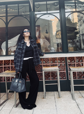 TANG TOWN 自制 强缩羊毛双面呢 及简OVERSIZE廓形衬衫式格纹外套