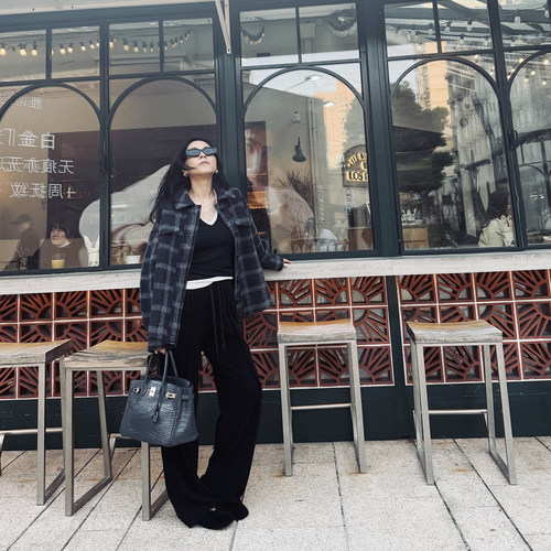 TANG TOWN 自制 强缩羊毛双面呢 及简OVERSIZE廓形衬衫式格纹外套