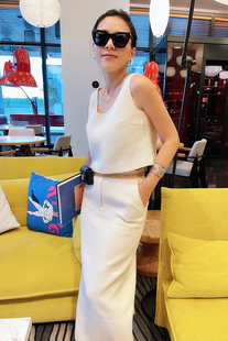 汤汤2004 DZDJD24054 米色粗花呢棉混纺斜插袋优雅大方半身裙