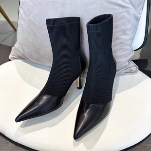 真皮尖头细跟高跟短靴靴子女秋冬新款 TANG TOWN