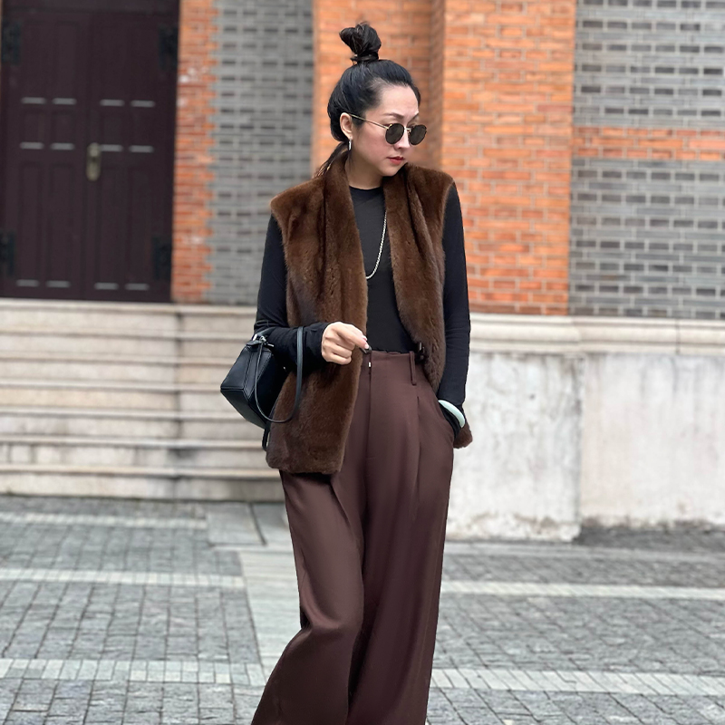 中式一粒扣牛角扣水貂马甲皮草