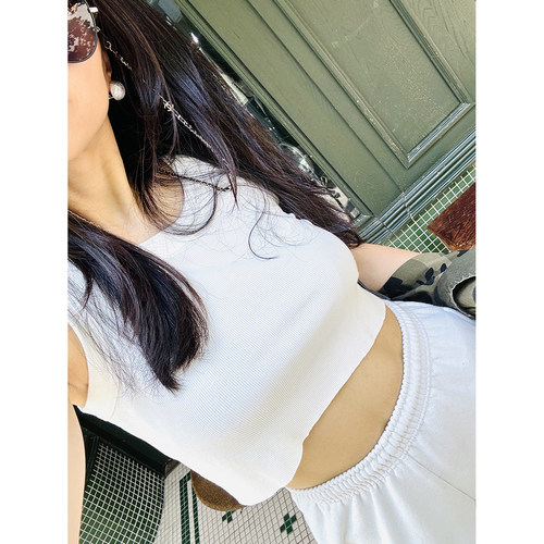 TANGTOWN自制INS博主时髦B备U领修身不锁边佰搭棉弹Tank短背心 女