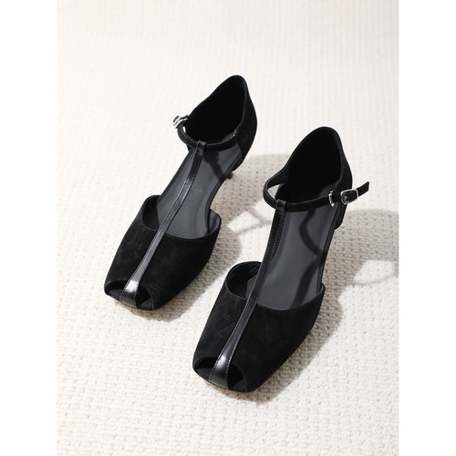 TANG TOWN 26春夏新款 羊猄皮鱼嘴细高跟时装凉鞋 丁字扣气质单鞋