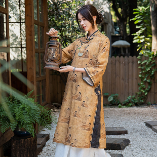 远镇中式复古盘扣旗袍裙仕女图印花天丝苎麻连衣裙民国风女装茶服