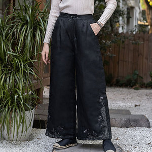 【年年有鱼】冬款阔腿裤中长款亚麻棉裤女宽松盘扣加厚长裤茶服裤