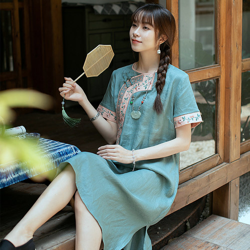 远镇亚麻刺绣茶服复古盘扣中式