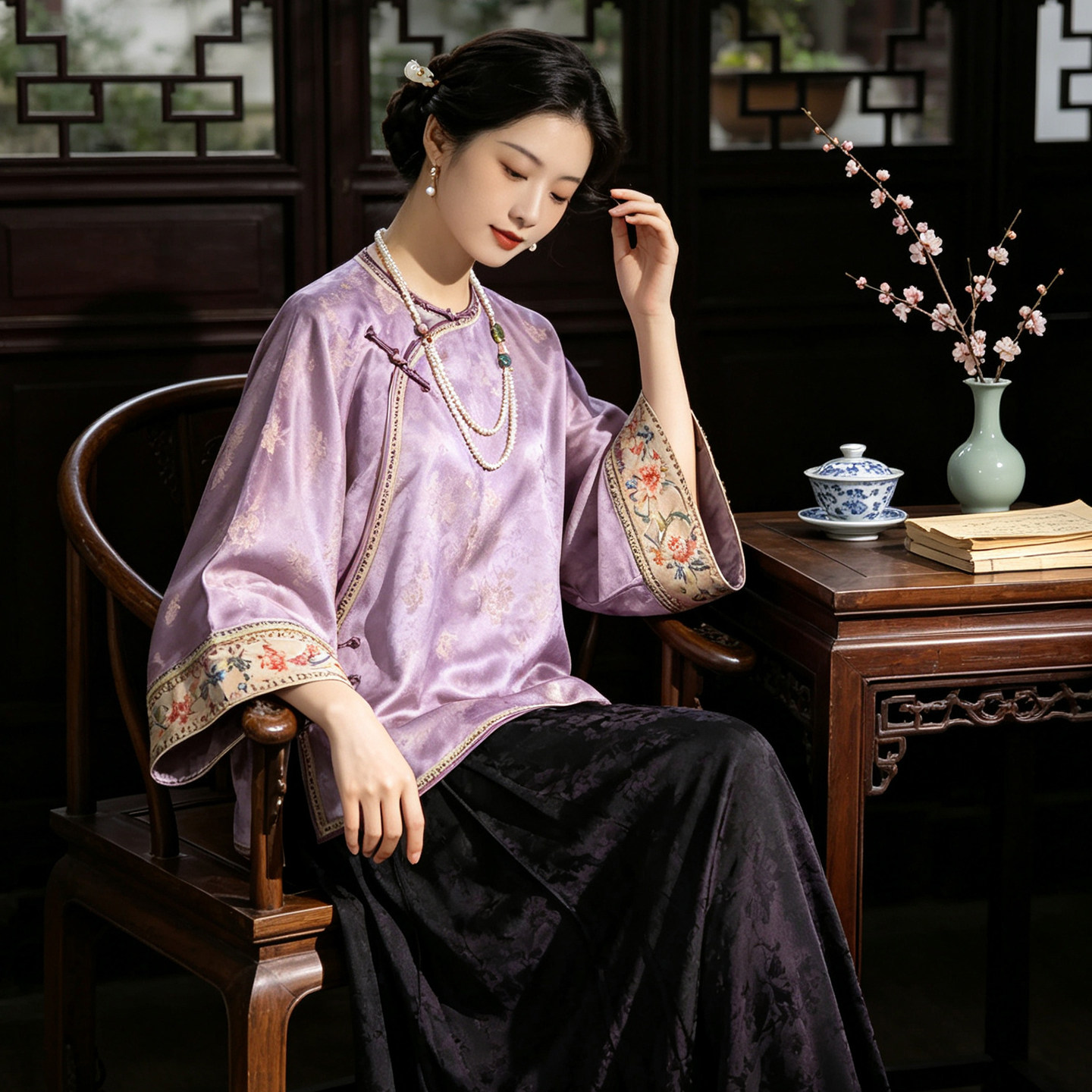 新中式刺绣提花人丝茶服上衣