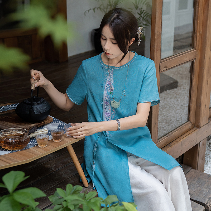 中长款中国风短袖亚麻衬衫盘扣