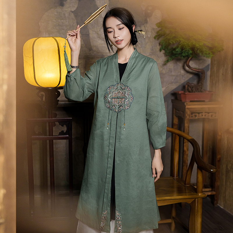 V领中国风绣花飘带长款开衫棉麻