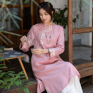 远镇中国风复古旗袍裙亚麻连衣裙中长款 刺绣花盘扣民族风茶服女装