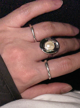 PLUS JEWELRY / 925纯银复古珍珠盘椭圆面戒指通体银个性重工款