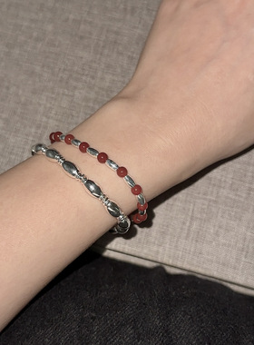 PLUS JEWELRY / 红玛瑙通体925纯银复古米珠串珠手链手绳弹力绳