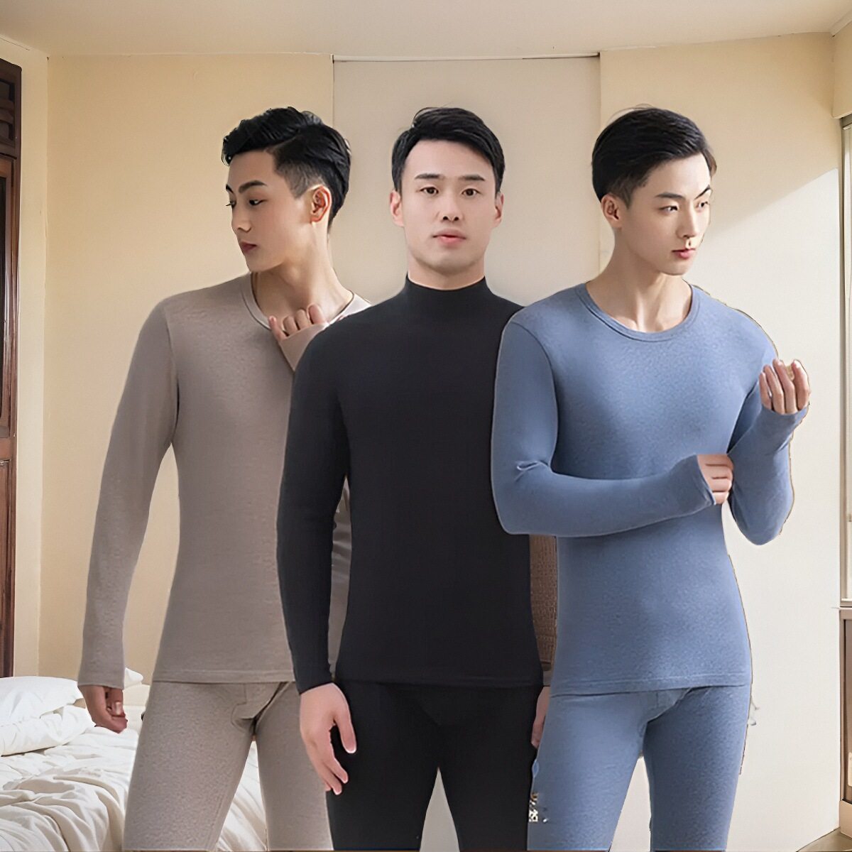 正品新一步22030小朵羽棉睡衣弹力纯色圆领男秋衣秋裤内衣套装