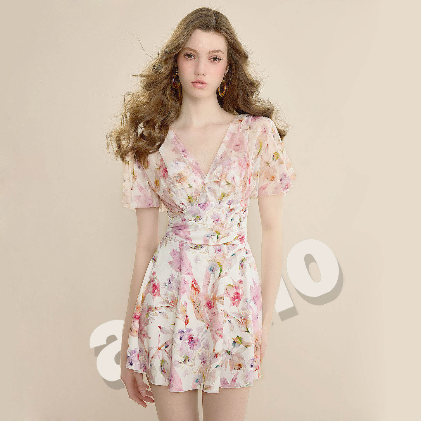 号手法式田园风V领碎花连体泳衣女短袖显瘦裙式泳衣度假161065