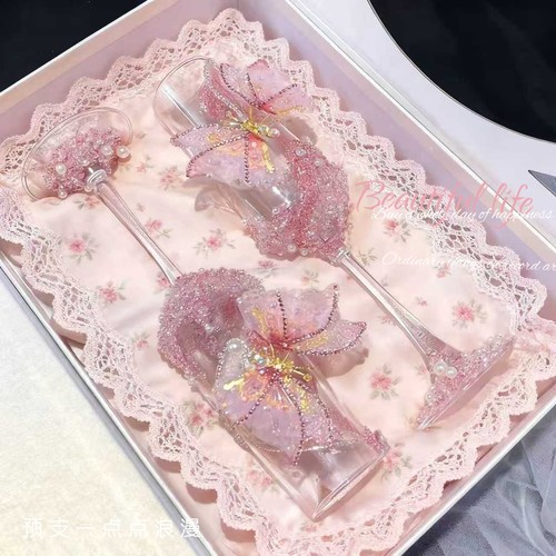 高级精致碎钻香槟敬酒杯一对手工diy材料包创意订婚结婚礼物朋友