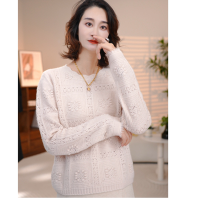 100%纯羊毛正品设计师针织衫圆领女厚款时尚百搭钩花韩版慵懒风