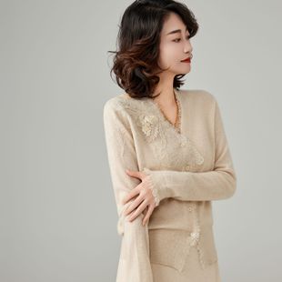 长袖 气质时尚 针织女士V领宽松显瘦百搭休闲 100%纯山羊绒