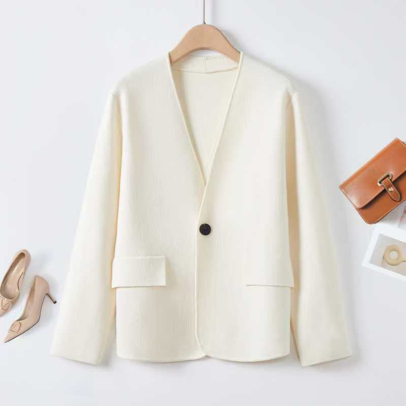 精纺羊毛针织外套西装气质简约纯色针织开衫外套女设计2631