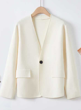 精纺羊毛针织外套西装气质简约纯色针织开衫外套女设计2631