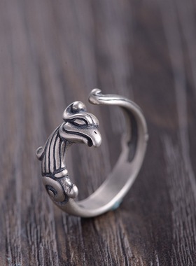 汉服纯银饰品凤凰复古风开口戒指