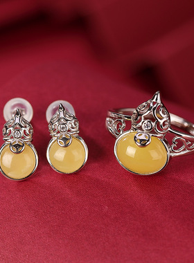 轻奢蜜蜡钱币葫芦女士耳饰戒指