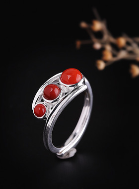 纯银汉服复古女开口南红戒指环