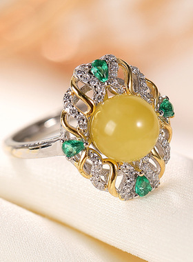 轻奢纯银夸张镂空女士蜜蜡戒指