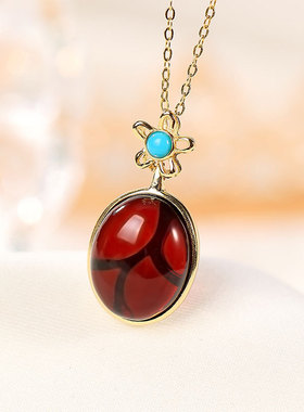 纯银血珀复古风花朵女士轻奢吊坠