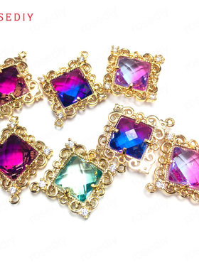 Diy饰品配件玻璃10MM铜+玻璃24K香槟金双孔方形连接挂件吊坠38625