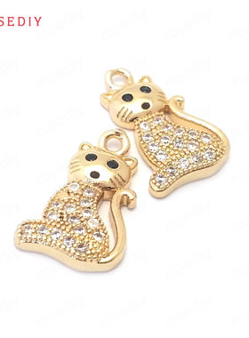 Diy饰品配件 铜+锆石保色香槟金色 镶锆 猫 挂件 吊坠 38874