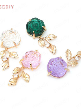 项链手链耳饰Diy饰品配件38x17MM铜+锆+玻璃双孔玫瑰花吊坠 43788