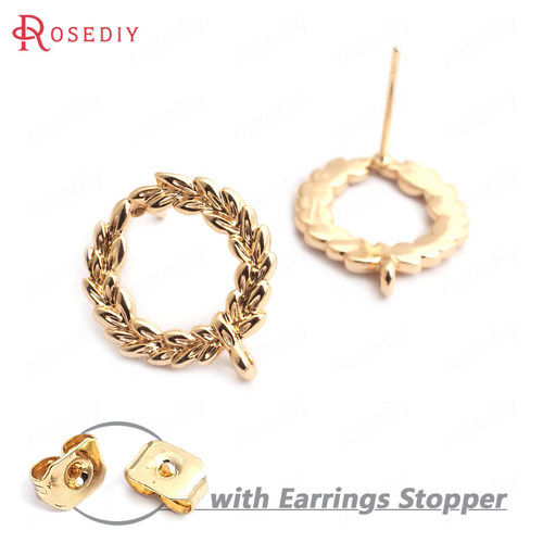 Diy饰品配件17x15MM 铜镀真金 树叶圆圈 耳钉(含耳塞) 35239