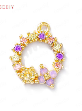 (38677)11x13MM 铜+锆石 24K金色 镶锆 圆形花圈 挂件 吊坠2个