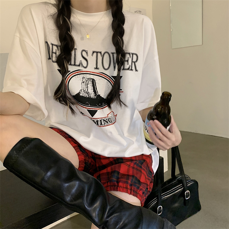 Real price loose print short sleeve T-shirt + Plaid Shorts