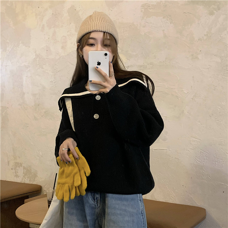 Real price Navy collar long sleeve sweater