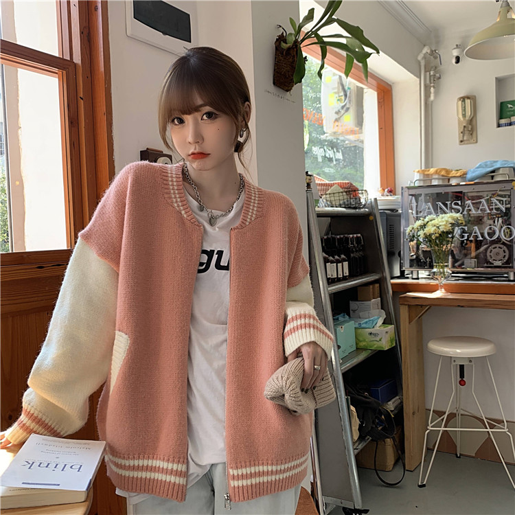 Real price loose color matching long sleeve sweater coat