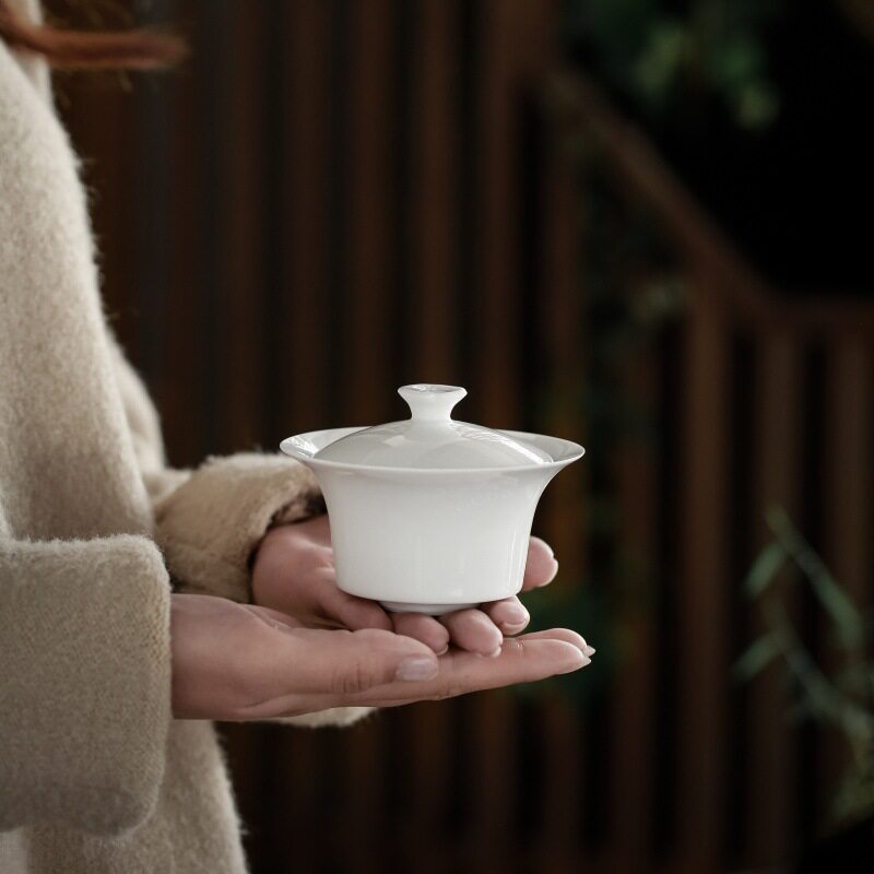 隐川堂白瓷三才盖碗功夫茶具玉泥天地纯白盖碗泡茶碗岩茶敬茶碗家