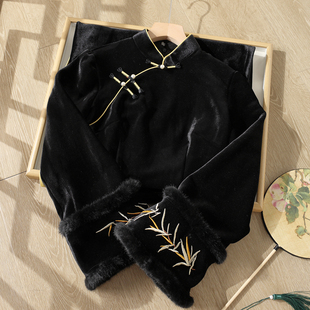 忆南栀新中式旗袍黑色丝绒长款刺绣加绒加厚可以上班穿的过冬新款